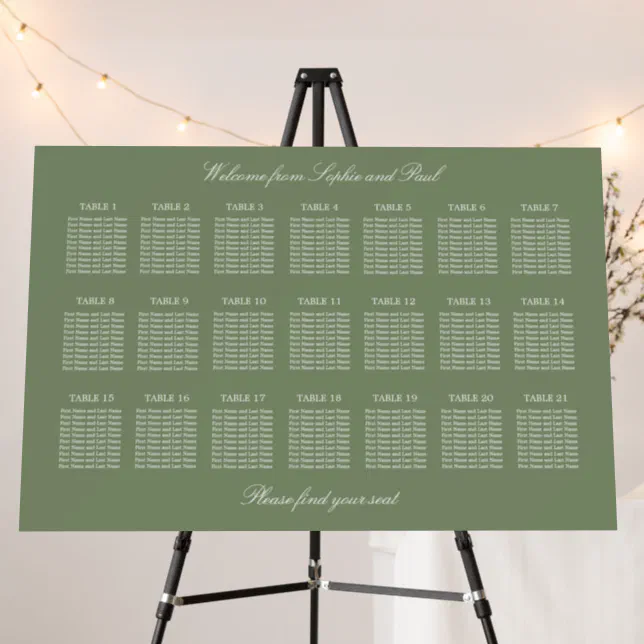 Sage Green 21 Table Wedding Seating Chart Foam Board