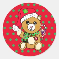 Cute Christmas Teddy Bear with Candy Cane Classic Round Sticker