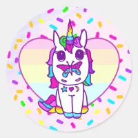 Unicorn with Butterfly on nose rainbow heart Classic Round Sticker