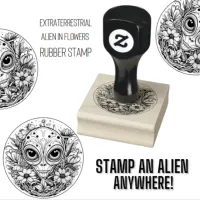 Extraterrestrial Alien in Flowers Starry Night Rubber Stamp