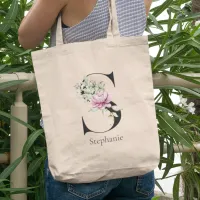 Modern Watercolor Pink Flower Monogram Tote Bag