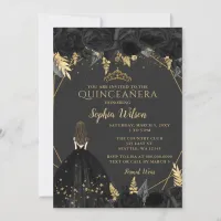 Elegant Black Gold Floral Princess Quincea&#241;era  In Invitation