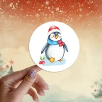 Cute Watercolor Christmas Penguin Classic Round Sticker