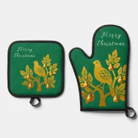 Partridge In A Pear Tree Green Merry Christmas Oven Mitt & Pot Holder Set