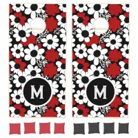 Personalized Floral Pattern in Red, Black, White Cornhole Set