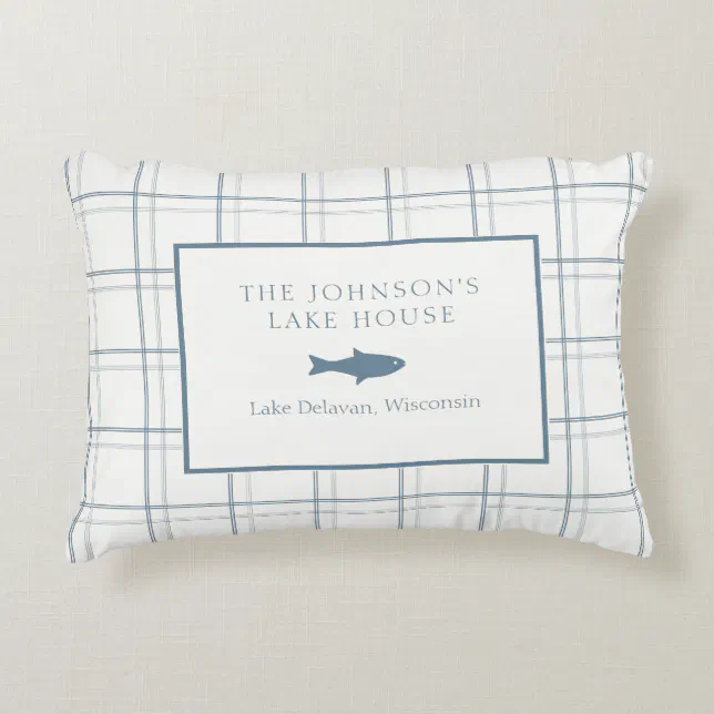 Classic Customizable Plaid Lake House Blue Fish Accent Pillow
