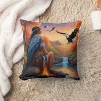 Native Woman With Eagle at Sunset Throw Pillow