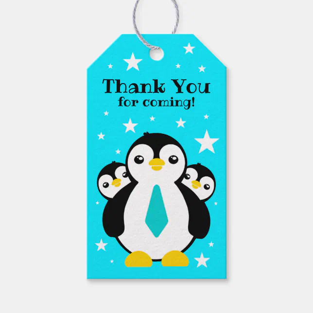 Cute Happy Birthday Boy Penguins Blue Neckties Gift Tags