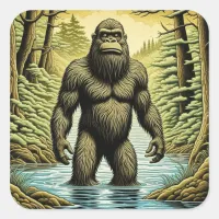 Bigfoot standing in Water Cartoon Square Sticker