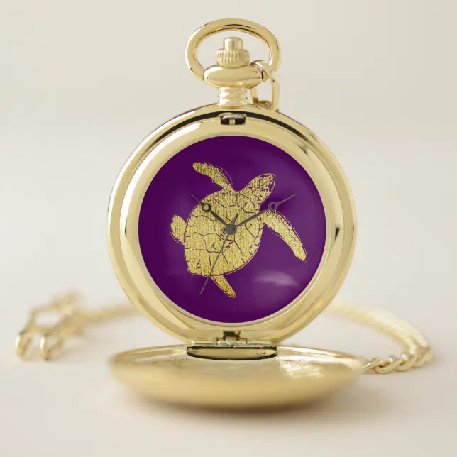 Golden marine turtle pocket watch