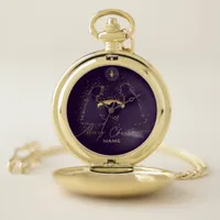 Nativity Manger Christmas Purple Gold Custom Name Pocket Watch