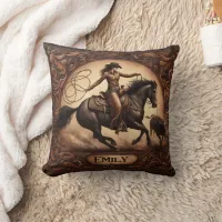 Cowgirl Roping at Rodeo Event in Motion Throw Pillow