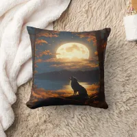 Wolf Howling Beneath Glowing Full Moon at Dusk Throw Pillow