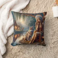 Native American Woman Sitting By River With Wolf Throw Pillow