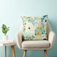 Pretty Folk Art White and Turquoise Flowers   Throw Pillow