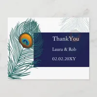 blue peacock wedding Thank You Postcard