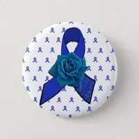 Blue Awareness Ribbon with Rose with Tear Drops Pinback Button