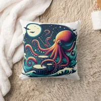 Octopus Playing Drums Under Moonlit Sky Throw Pillow