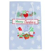 Merry Christmas Gnomes Snowflakes Blue Background  Medium Gift Bag