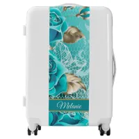 Luxurious Elegant Mint Gold Teal Lace Flowers  Lug Luggage