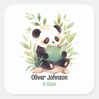 Watercolor Panda Reading A Book Name Square Sticker