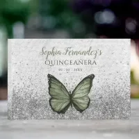 Vintage Olive Sage Silver Butterfly Quinceañera  Guest Book