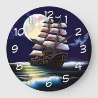 Illuminated Ship on the Ocean under the Moon Large Clock