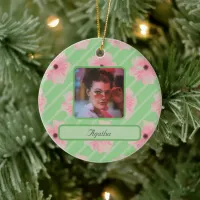 Pink Flowers And Stripes Personalized Ornament