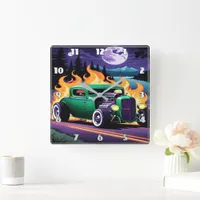 Vibrant hot rod blazing down the highway at night square wall clock