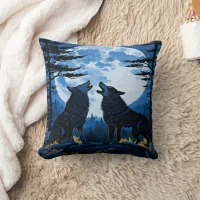 Wolves Howling Under a Full Moon at Night Throw Pillow