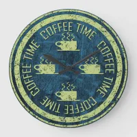 Coffee Time Lime Green on Blue Large Clock