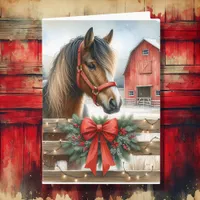 Festive Horse and Red Rustic Barn Christmas Card