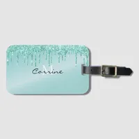 Monogram Metallic Aqua Blue Dripping Glitter Icing Luggage Tag