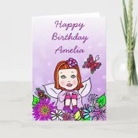 Whimsical Folk Art Fairy Girl Happy Birthday Card
