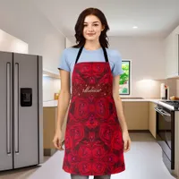 Red rose blossoms with dewdrops - photography apron