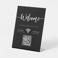 Modern Elegant Welcome Script WIFI QR Code Black Pedestal Sign