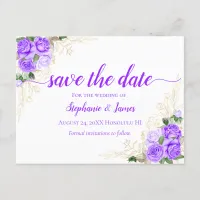 Purple Roses and Gold Floral Wedding Announcement Postcard