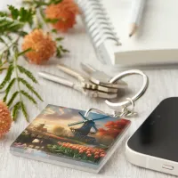 Windmill in Dutch Countryside by River with Tulips Keychain