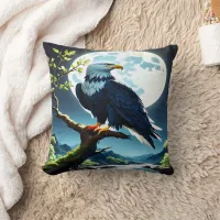 Eagle Perched on a Branch Under Full Moon Throw Pillow