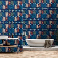 Caribbean Tribal Mudcloth: Festive Blue, Orange Wallpaper