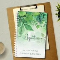 Green Watercolor Leaves Elegant Script Monogrammed Planner