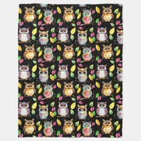 Colorful Woodland Owls and Leaves Watercolor Fleece Blanket