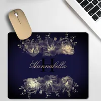 Vintage Personalized Blue & Beige flowers Monogram Mouse Pad