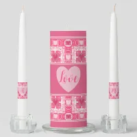 Pink White Heart Pattern Custom Text Monogram Unity Candle Set