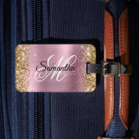 Gold Glitter Light Pink Foil Fancy Monogram Luggage Tag