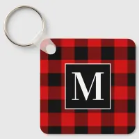 Monogrammed Red and Black Buffalo Plaid Photo Keychain