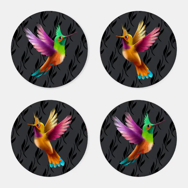 Colorful Crested Hummingbirds in Flight Coaster Set