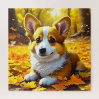 Corgi Puppy Dog Playing in Fall Leaves Jigsaw Puzzle