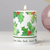 Holly Leaves, Berries, Red, Green Floral Christmas Pillar Candle