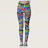 Graffiti Art Leggings, Black Colorful Leggings